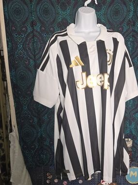 adidas Black & White Striped  Soccer Jersey with Gold Accents